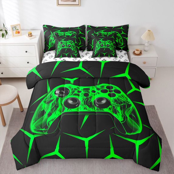 Castle Fairy Teens Green Gamepads Twin Bedding Sets,Video Game Bedding Comforter Set