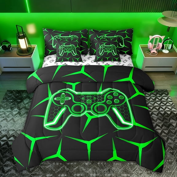 Castle Fairy Teens Green Gamepads Twin Bedding Sets,Video Game Bedding Comforter Set