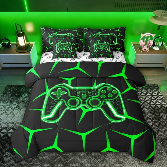 Castle Fairy Teens Green Gamepads Twin Bedding Sets,Video Game Bedding Comforter Set