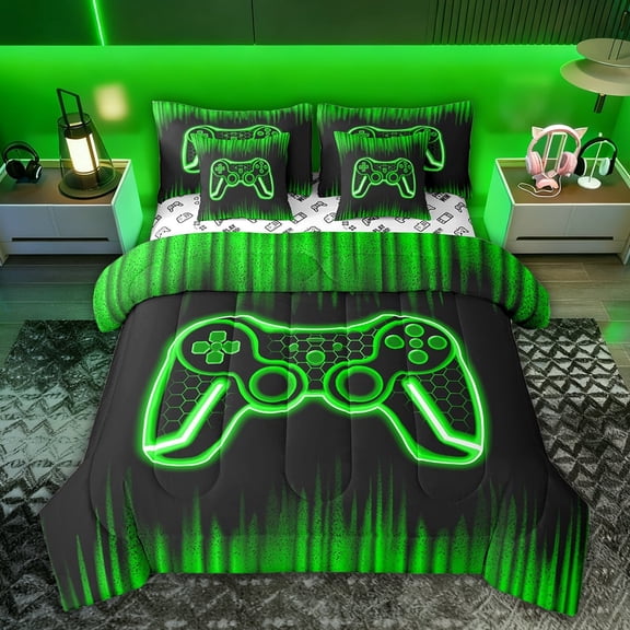 Castle Fairy Teens Green Gamepads Twin Bedding Sets,Video Game Bedding Comforter Set