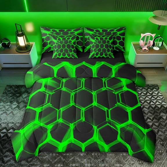 Castle Fairy Teens Green Hexagon Bedding Comforter Set,Honeycomb Full Bedding Set