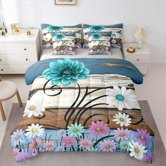 Castle Fairy Teens Groovy Flower 7-Piece Bedding Comforter Set,Lodge Cabin King Bedding Sets,Rustic Vintage Ultra Soft Bed Sheets,Breathable Home Decor