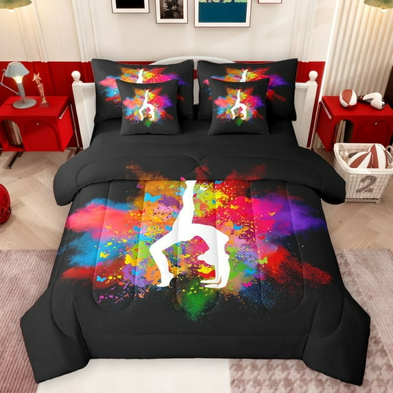 Castle Fairy Teens Gymnast Girl Twin Bedding Sets 7-Piece,Dreamy Princess Dance Theme Bedding Comforter Set Microfiber,Abstract Gradient Graffiti Splash Breathable Sheet Sets,Ultra Soft Home Decor