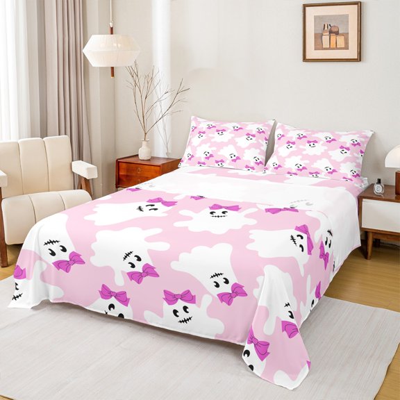 Castle Fairy Teens Halloween Ghost 4 Piece Bed Sheets, Pink Bow King Sheets, Festival Theme Sheet Set