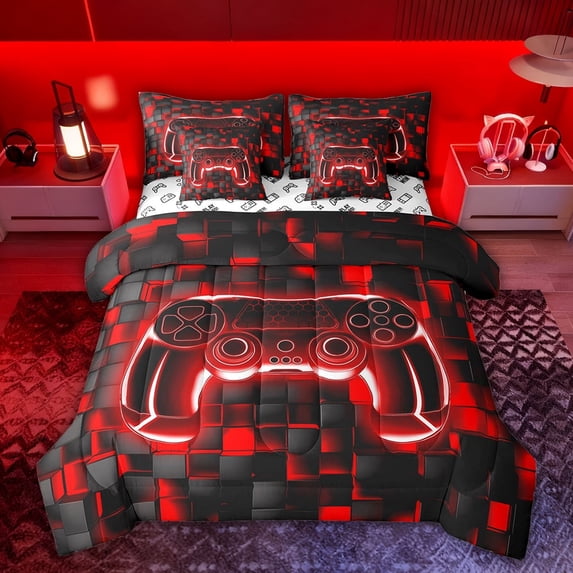 Castle Fairy Teens Honeycomb Gamepads Bedding Comforter Set,Video Game Full Bedding Set