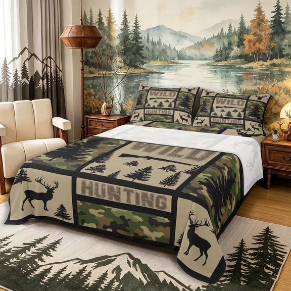 Castle Fairy Teens Hunting Animal Deer Queen Sheets 4 Pieces,Camo Pine Tree Queen Sheet Sets,Khaki Green Black,1 Fitted Sheet, 1 Flat Sheet and 2 Pillowcases