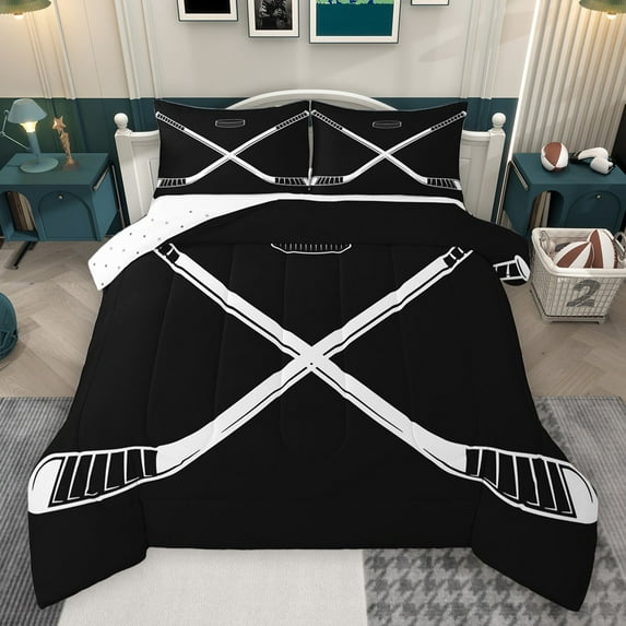 Castle Fairy Teens Ice Hockey Gamer Full Size Comforter Sets 3-Piece,Sport Theme Bedding Comforter Set,Black White Lightweight Bedding Sets,Luxury Bedroom Decor,Reversible
