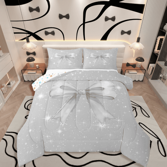 Castle Fairy Teens Kawaii Bow 3 Pieces Queen Comforter Set,Dreamy Princess Ultra Soft Bedding Sets,Sparkling Sequin Bedding Comforter Set,Lightweight Room Decor