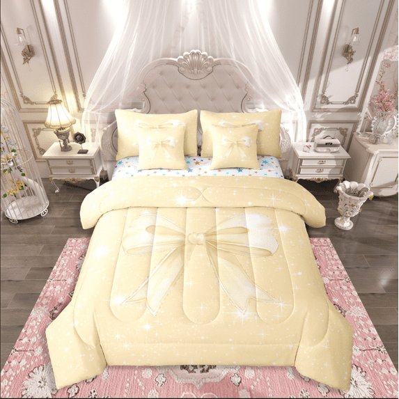 Castle Fairy Teens Kawaii Bow 7pcs Bedding Comforter Set,Dreamy Princess Queen Bedding Sets Super Cozy,Sparkling Sequin Queen Sheet Sets,Lightweight Room Decor