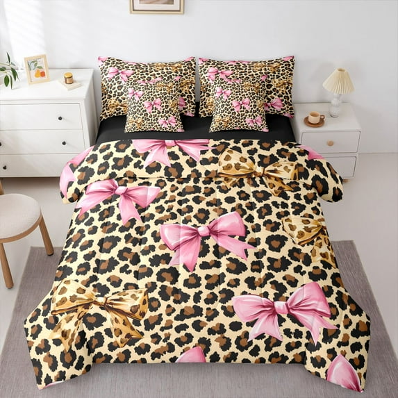 Castle Fairy Teens Kawaii Bow Bedding Comforter Set,Leopard Print Queen Bedding Sets