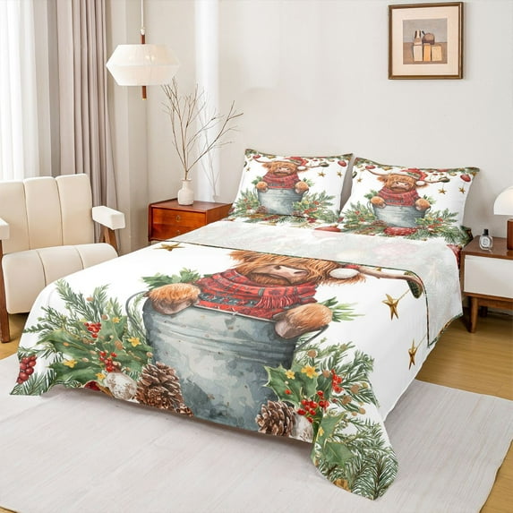 Castle Fairy Teens Kawaii Highland Cow Twin Sheet Sets 3pcs,Merry Christmas Twin Fitted Sheet Microfiber,Happy Xmas Breathable Flat Sheet,Lightweight Room Decor