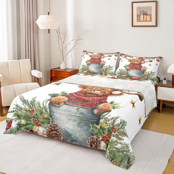Castle Fairy Teens Kawaii Highland Cow Twin Sheet Sets 3pcs,Merry Christmas Twin Fitted Sheet Microfiber,Happy Xmas Breathable Flat Sheet,Lightweight Room Decor