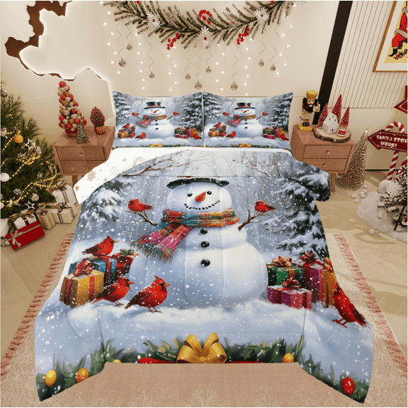 Castle Fairy Teens Kawaii Snowman 3 Pieces Queen Comforter Set,Cardinal Bird Ultra Soft Bedding Sets,Merry Christmas Bedding Comforter Set,Super Cozy Room Decor