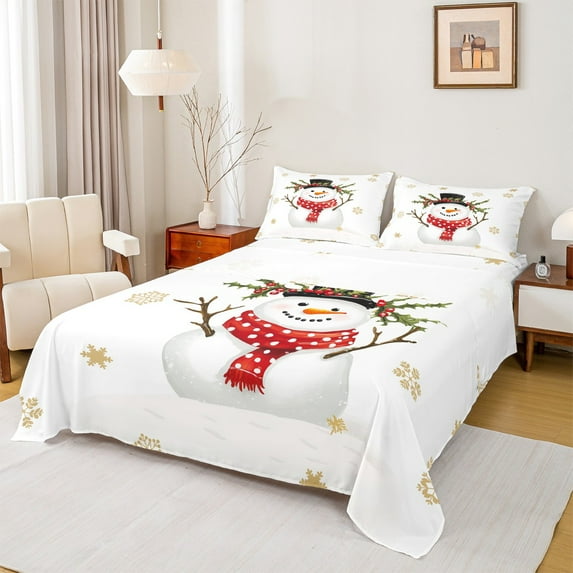 Castle Fairy Teens Kawaii Snowman 4 Pieces Queen Sheet Sets,Winter Snowflakes Ultra Soft Flat Sheet,Merry Christmas Queen Fitted Sheet,Super Cozy Room Decor
