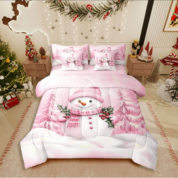 Castle Fairy Teens Kawaii Snowman 7-Piece Bedding Comforter Set,Xmas Tree King Bedding Sets,Merry Christmas Ultra Soft Bed Sheets,Super Cozy Room Decor