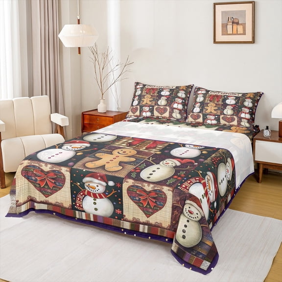 Castle Fairy Teens Kawaii Xmas Snowman Gingerbread Man 4-Piece Full Size Sheets,Merry Christmas Bed Sheets,Happy New Year Lightweight Sheet Sets,Rustic Cabin Room Decor