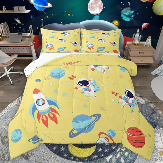 Castle Fairy Teens Kids Galaxy Rocket Planet Bedding Comforter Set 2pcs,Outer Space Twin Comforter Sets Microfiber,Kawaii Cosmos Astronaut Breathable Bedding Set,Ultra Soft Home Decor,Reversible