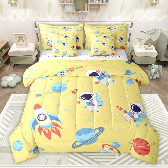 Castle Fairy Teens Kids Galaxy Rocket Planet Bedding Comforter Set 7 Pieces,Outer Space Full Bedding Set Lightweight,Kawaii Cosmos Astronaut Fitted Sheet Flat Sheet,Ultra Soft Home Decor,Reversible