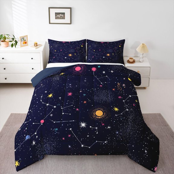 Castle Fairy 3-Piece Queen Size Comforter Set, Constellations and Galaxy Space Print