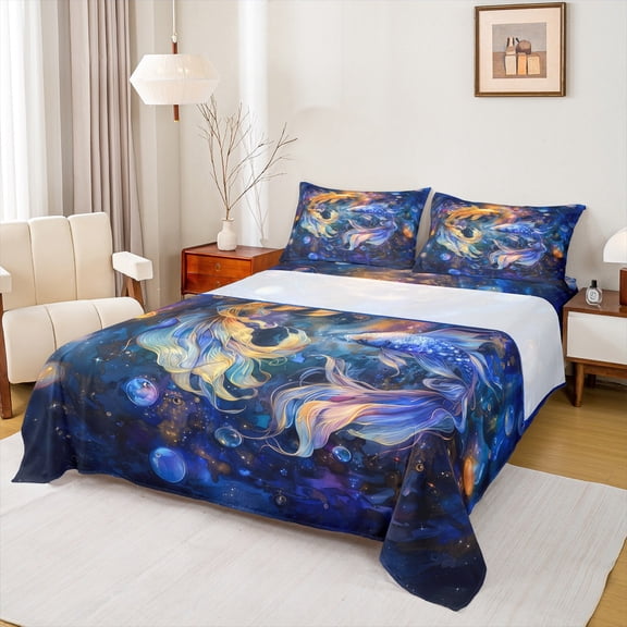 Castle Fairy Teens Koi Fish Full Size Sheets,Abstract Galaxy Universe Bed Sheets