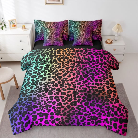 Castle Fairy Teens Leopard Print Bedding Comforter Set,Abstract Gradient Full Bedding Set