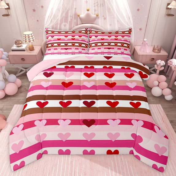 Castle Fairy Teens Love Heart Print Full Size Comforter Sets,Stripes Bedding Sets