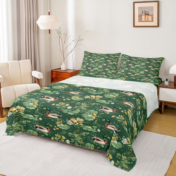 Castle Fairy Teens Mallard Duck Bed Sheets,Lotus Flower Leaves King Sheets