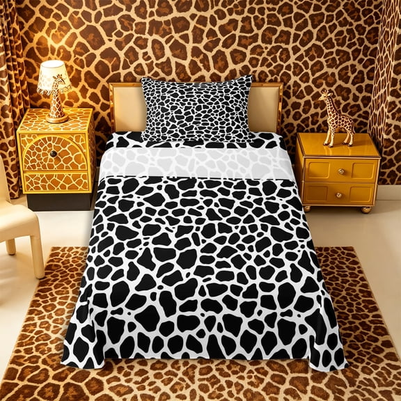 Castle Fairy Teens Minimalist Giraffe Pattern Twin Sheets 3pcs,Animal Print Bedding,Black White,1 Fitted Sheet, 1 Flat Sheet and 1 Pillowcase