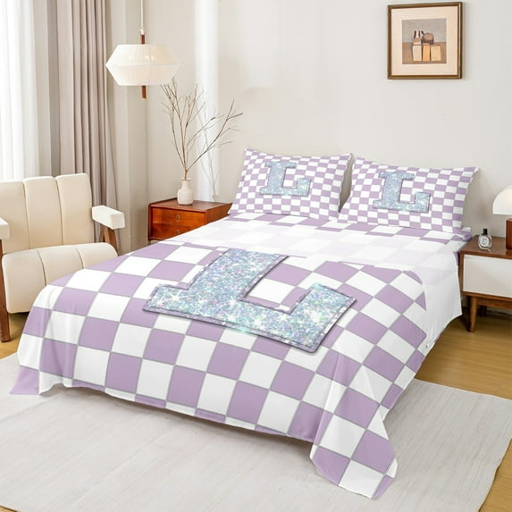 Castle Fairy Teens Monogrammed Letter 4pcs Bed Sheets,Geometric Plaid King Sheets,Sparkling Sequin Super Cozy Sheet Set,Lightweight Room Decor