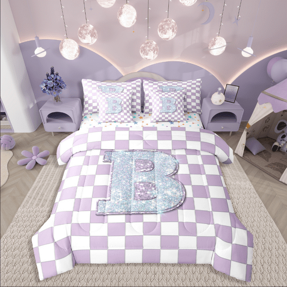 Castle Fairy Teens Monogrammed Letter 7-Piece Twin Bedding Sets,Geometric Plaid Bedding Comforter Set,Sparkling Sequin Breathable Sheet Sets,Lightweight Room Decor