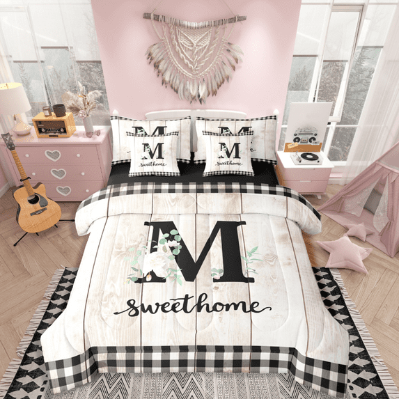 Castle Fairy Teens Monogrammed Letter 7 Pieces Bedding Comforter Set,Geometric Plaid Full Bedding Set Lightweight,Rustic Cabin Fitted Sheet Flat Sheet,Breathable Home Decor