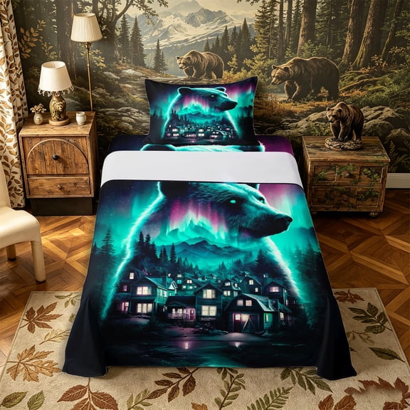 Castle Fairy Teens Neon Aurora Forest Bear Twin Sheets 3pcs,Night Cabin Pine Mountain Bedding,Teal Purple Black,1 Fitted Sheet, 1 Flat Sheet and 1 Pillowcase