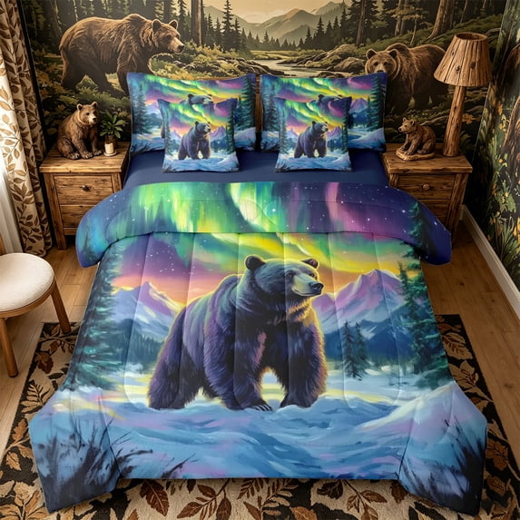 Castle Fairy Teens Oil Paint Aurora Bear King Bedding 7pcs,Snow Pine Mountain King Bed in a Bag,Green Ochre Purple,Navy Blue Reversible