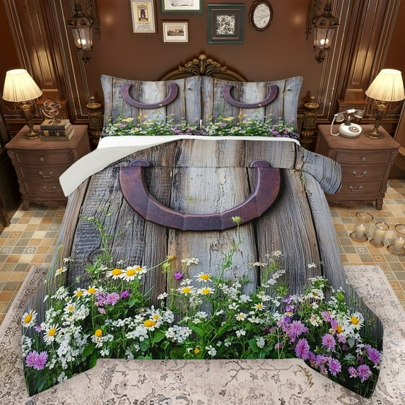 Castle Fairy Teens Old Barn Door Full Size Comforter Sets 3-Piece,Western Horseshoe Bedding Comforter Set,Spring Garden Flowers Lightweight Bedding Sets,Microfiber Bedroom Decor,Reversible