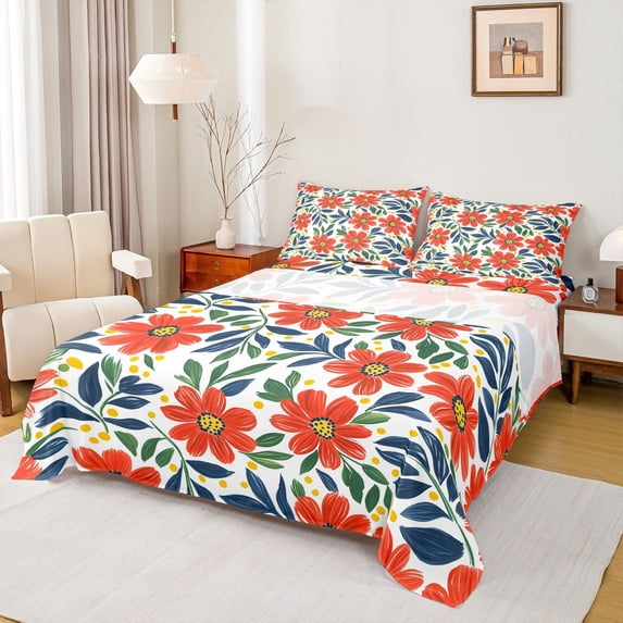 Castle Fairy Teens Orange Flowers Queen Sheet Sets,Exotic Style Bed Set