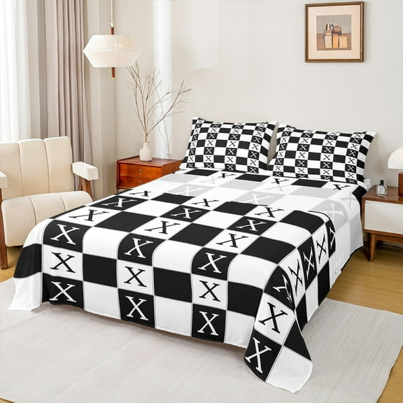 Castle Fairy Teens Personalized Initial 4-Piece Full Size Sheets,Geometric Lattice Bed Sheets,Black White Lightweight Sheet Sets,Luxury Bedroom Decor
