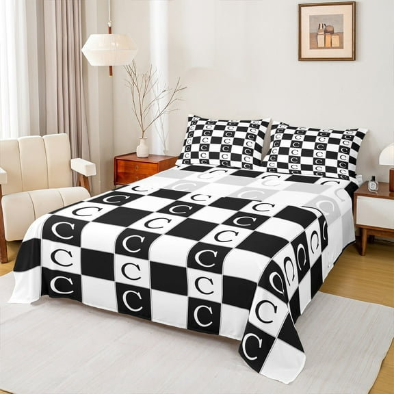 Castle Fairy Teens Personalized Initial 4 Pieces Queen Sheet Sets,Geometric Lattice Ultra Soft Flat Sheet,Black White Queen Fitted Sheet,Luxury Bedroom Decor