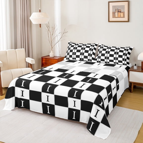 Castle Fairy Teens Personalized Initial 4pcs Bed Sheets,Geometric Lattice King Sheets,Black White Super Cozy Sheet Set,Luxury Bedroom Decor