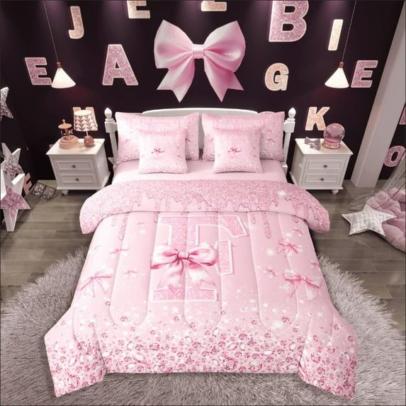 Castle Fairy Teens Personalized Initial 7-Piece Twin Bedding Sets,Crystal Bow Bedding Comforter Set,Sparkling Sequin Breathable Sheet Sets,Microfiber Bedroom Decor