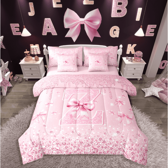 Castle Fairy Teens Personalized Initial 7pcs Bedding Comforter Set,Crystal Bow Queen Bedding Sets Super Cozy,Sparkling Sequin Queen Sheet Sets,Microfiber Bedroom Decor