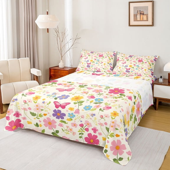 Castle Fairy Teens Pink Butterflies Full Size Sheets,Spring Garden Flowers Bed Sheets