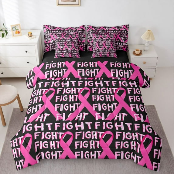 Castle Fairy Teens Pink Ribbon Bedding Comforter Set,Breast Cancer Queen Bedding Sets