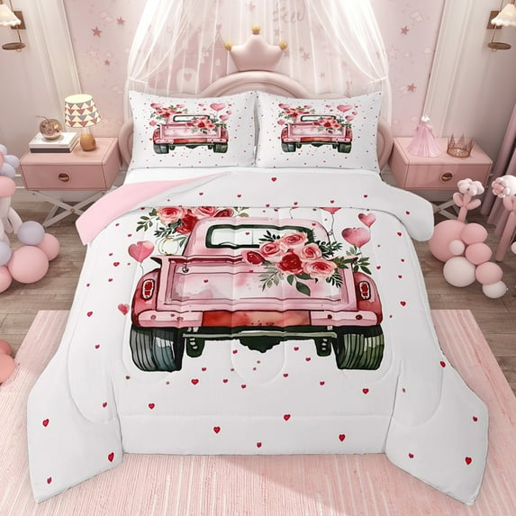 Castle Fairy Teens Pink Vintage Truck Bedding Comforter Set 2pcs,Romantic Floral Rose Love Heart Twin Comforter Sets Microfiber,Happy Valentine's Day Breathable Bedding Set,Ultra Soft Home Decor
