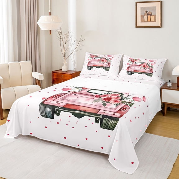 Castle Fairy Teens Pink Vintage Truck Twin Sheet Sets 3pcs,Romantic Floral Rose Love Heart Twin Fitted Sheet Microfiber,Happy Valentine's Day Breathable Flat Sheet,Ultra Soft Home Decor