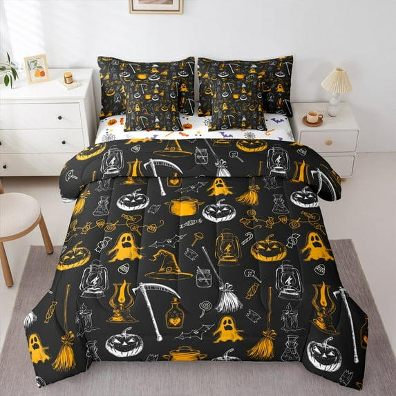 Castle Fairy Teens Pumpkin Ghost 7-Piece Twin Bedding Sets,Witch Hat Bedding Comforter Set,Happy Halloween Breathable Sheet Sets,Breathable Home Decor