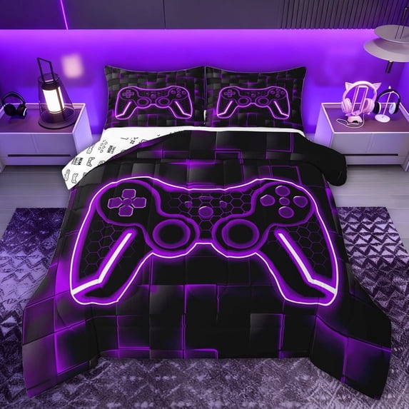 Castle Fairy Teens Purple Gamepads Full Size Comforter Sets,Video Game Bedding Sets