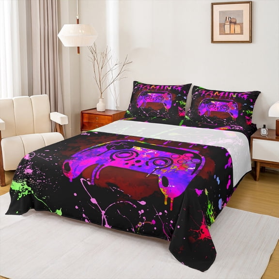 Castle Fairy Teens Purple Gamepads Twin Sheet Sets,Graffiti Bedding