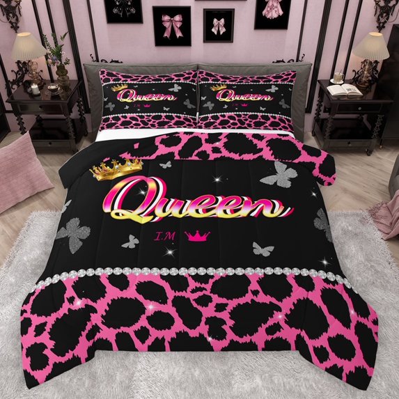 Castle Fairy Teens Queen Crown 3 Pieces Queen Comforter Set,Bling Butterflies Cheetah Print Ultra Soft Bedding Sets,Black Pink Bedding Comforter Set Breathable,Breathable Home Decor,Reversible