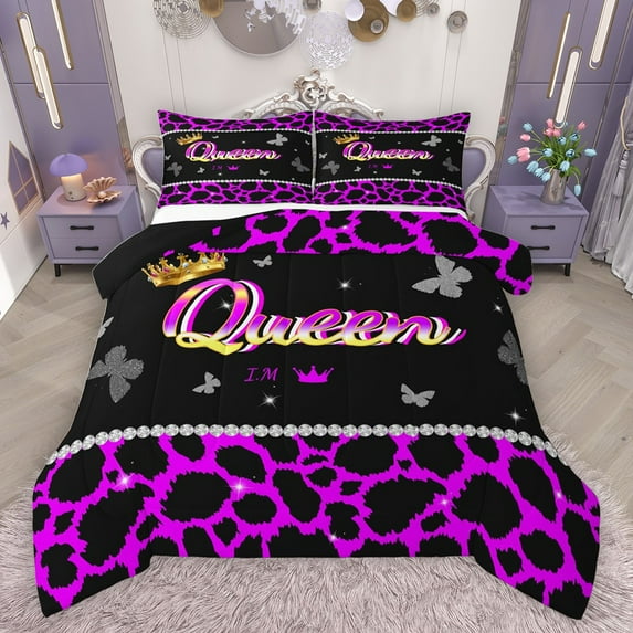 Castle Fairy Teens Queen Crown 3 Pieces Queen Comforter Set,Bling Butterflies Cheetah Print Ultra Soft Bedding Sets,Black Purple Bedding Comforter Set Breathable,Breathable Home Decor,Reversible
