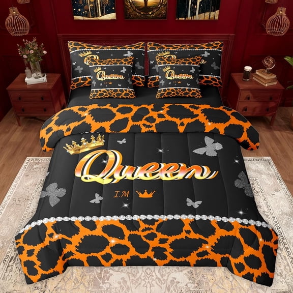 Castle Fairy Teens Queen Crown Bedding Comforter Set 7-Piece,Bling Butterflies Cheetah Print King Bedding Sets,Black Orange Ultra Soft Bed Sheets,Breathable Home Decor,Reversible